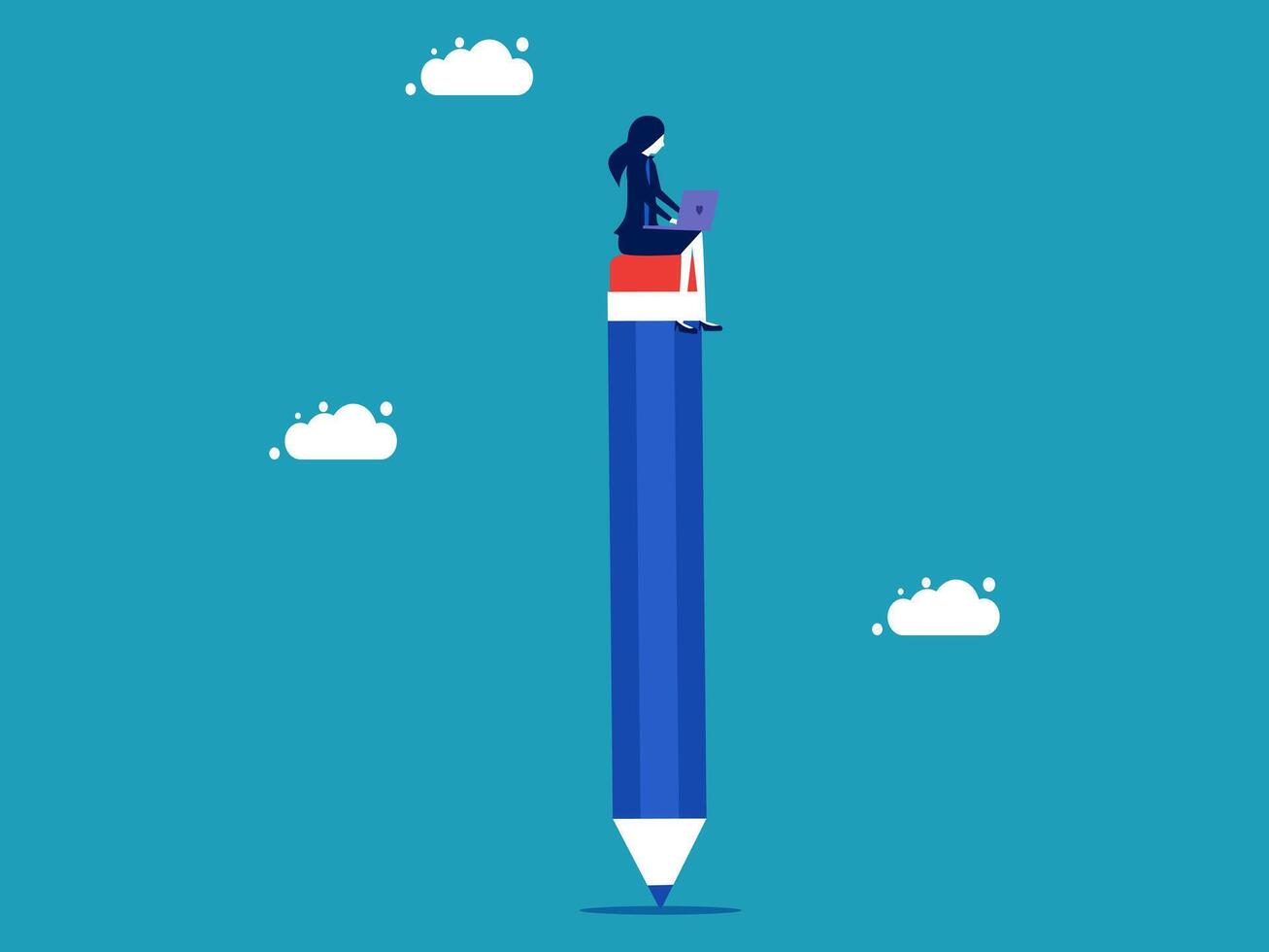businesswoman sitting on top of a pencil, with clouds in the background vector