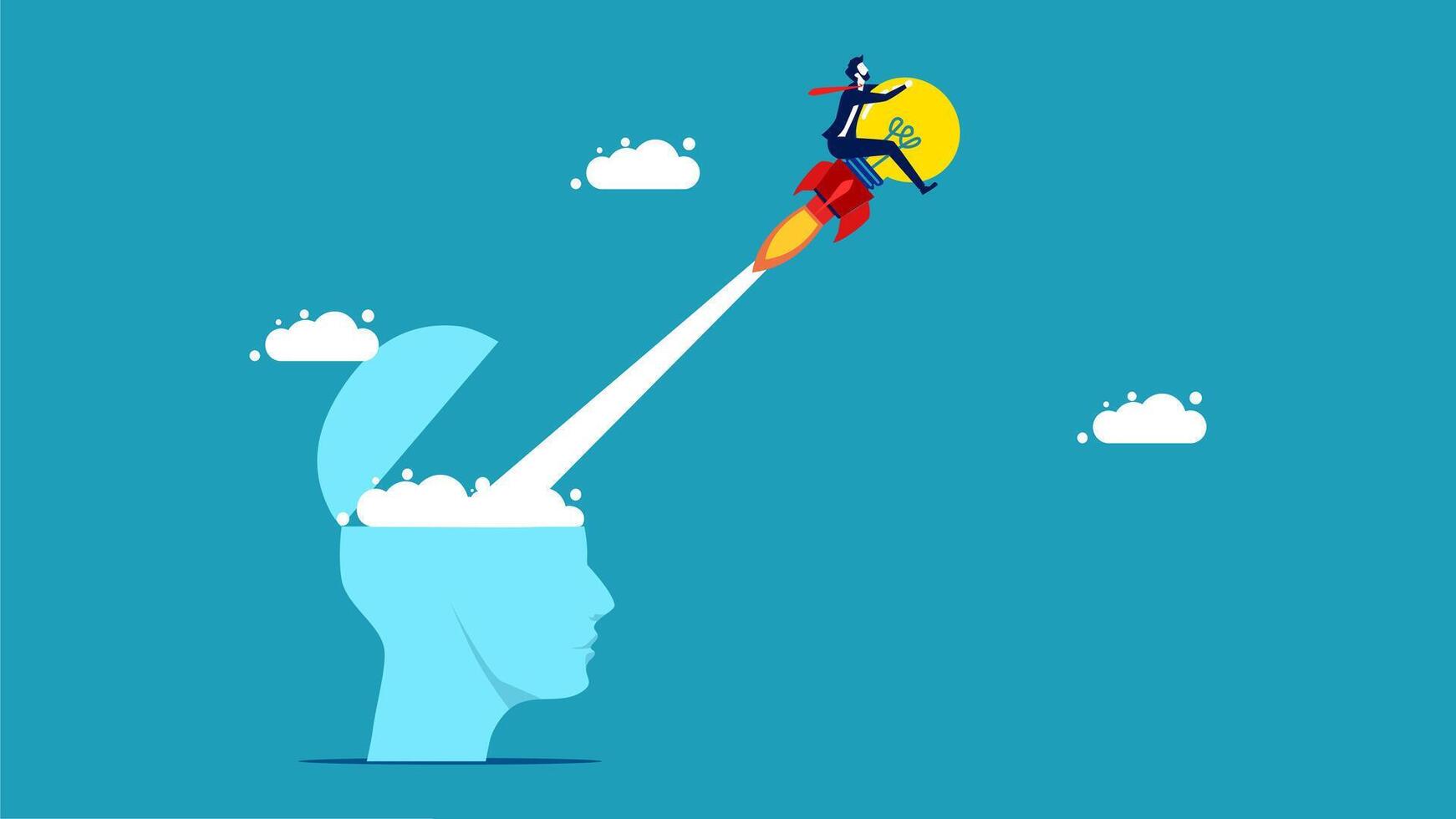 a man flying on a rocket with a brain in the background vector
