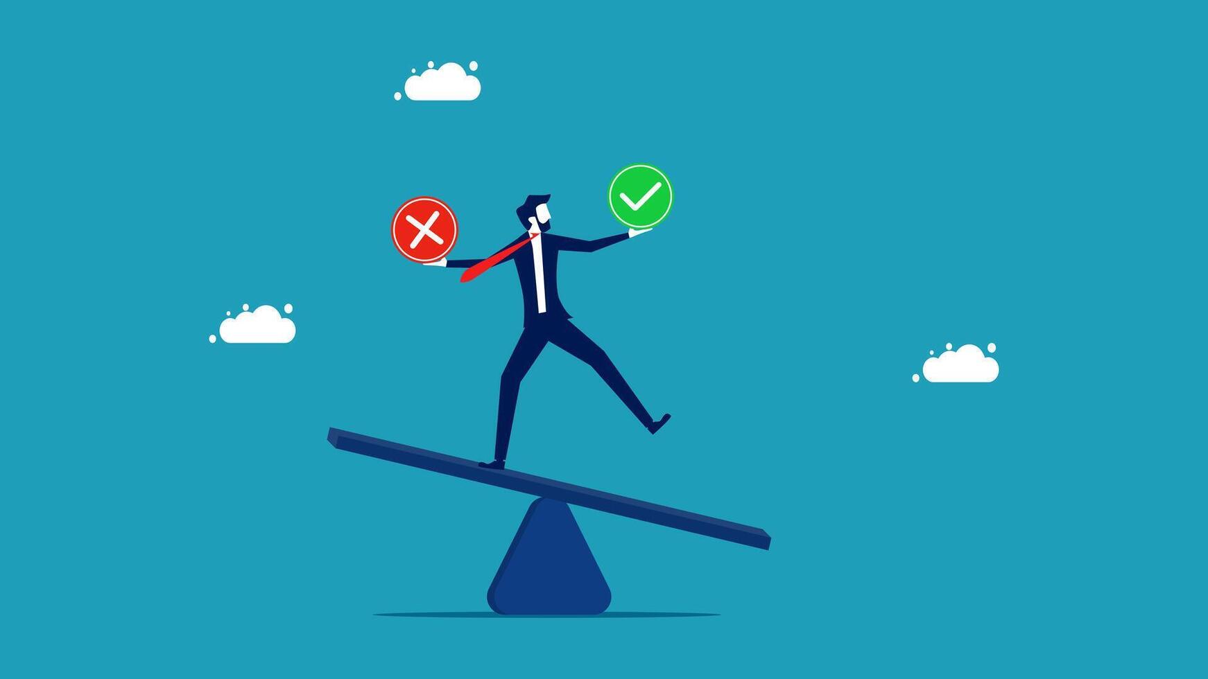 businessman balancing on a seesaw with two check marks vector