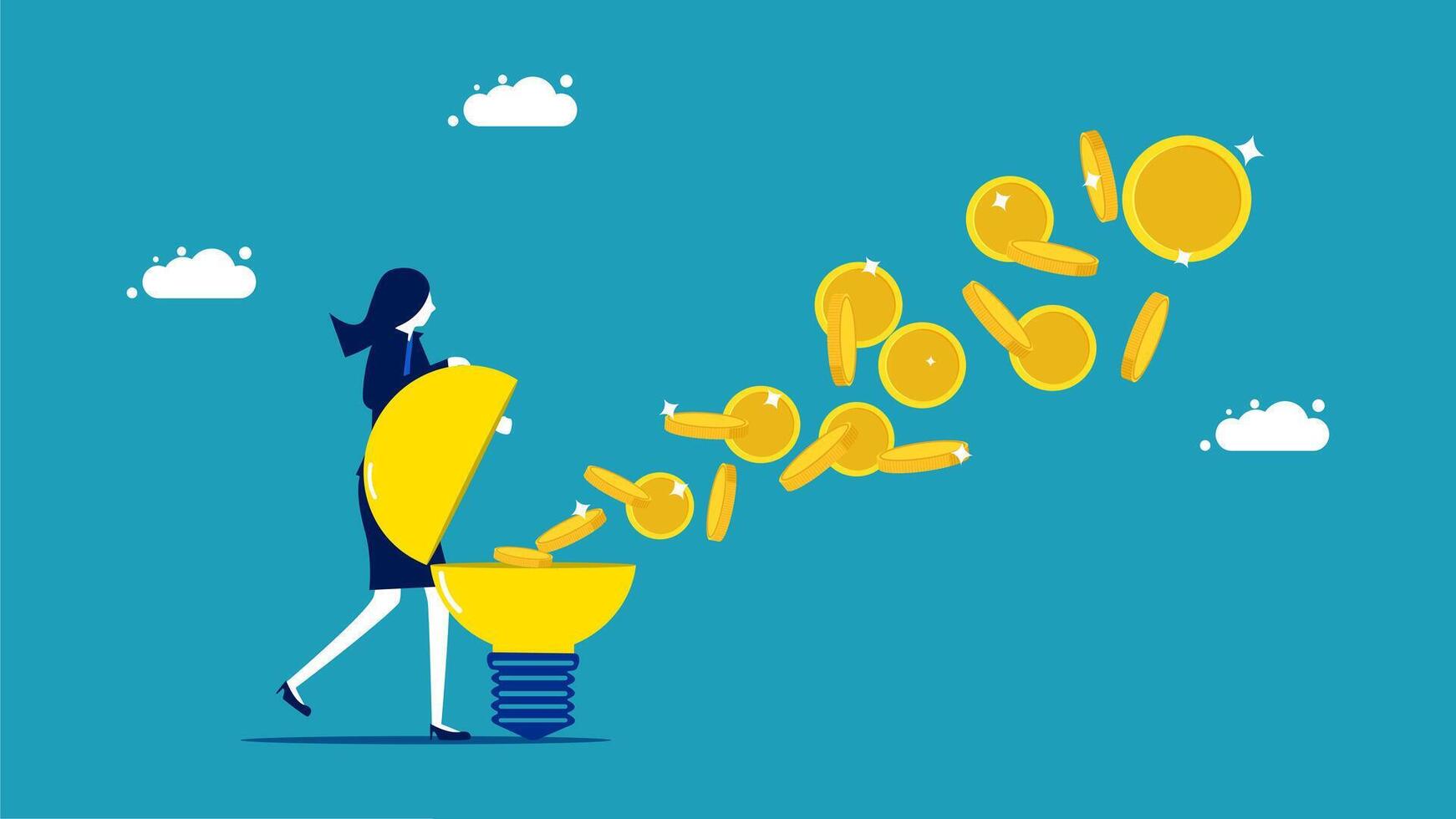 a woman is holding a light bulb with money coming out of it vector