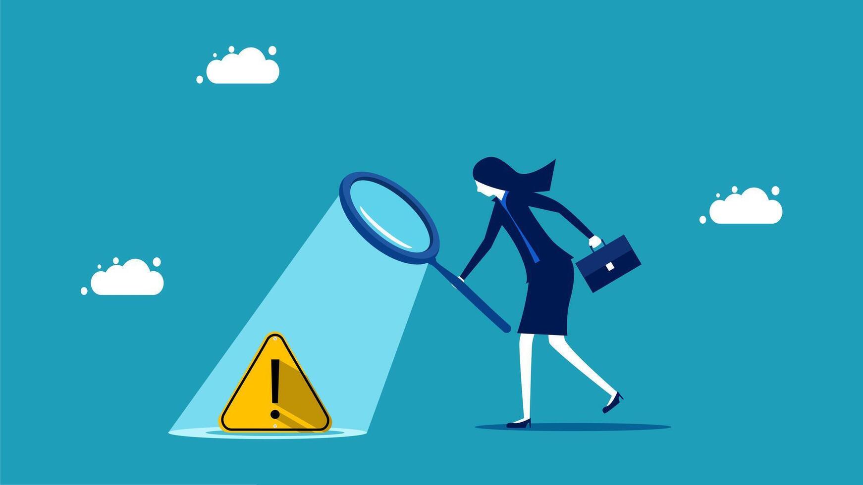 businesswoman looking at a magnifying glass and a caution sign vector