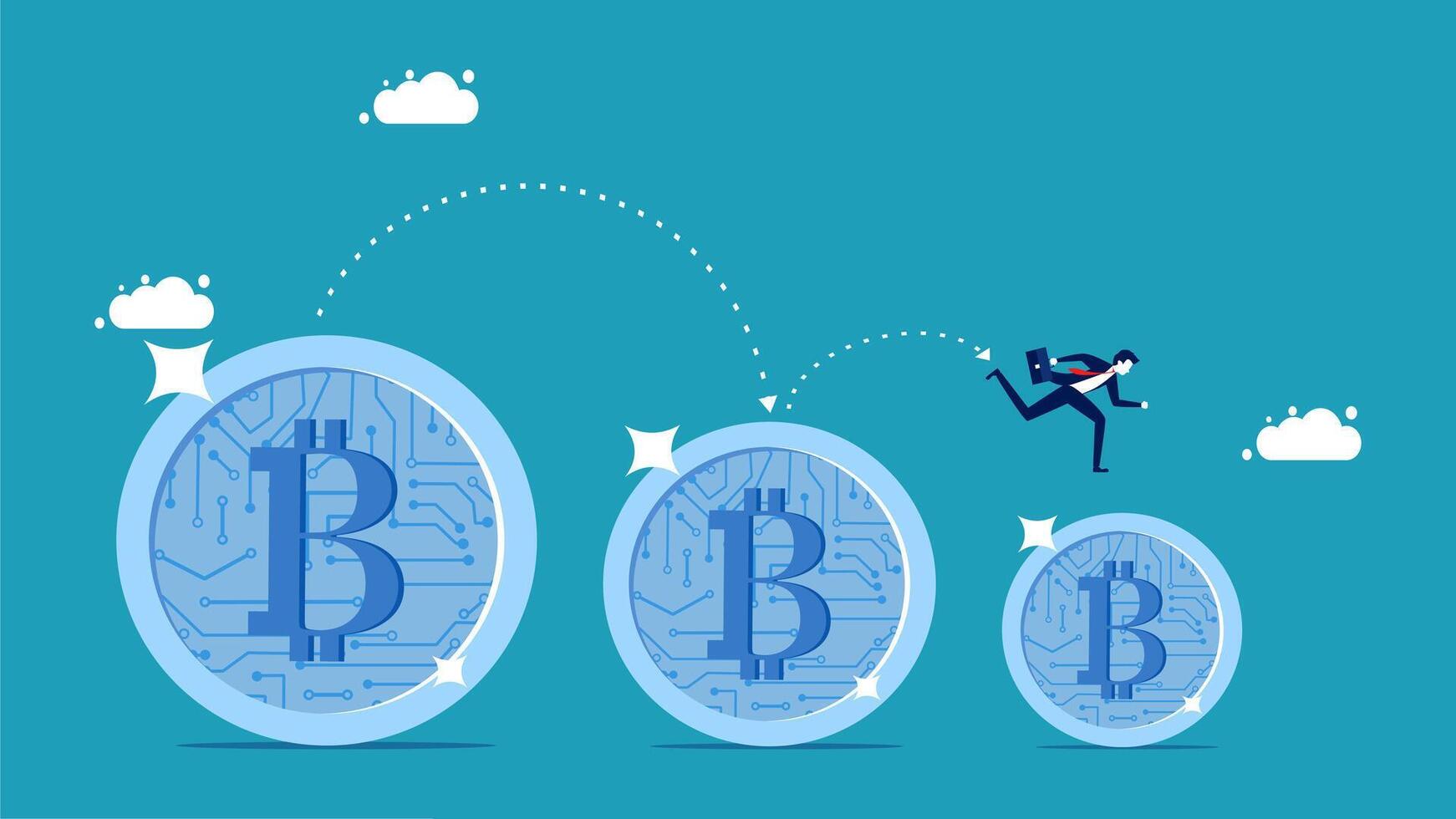 a man running towards a bitcoin coin vector