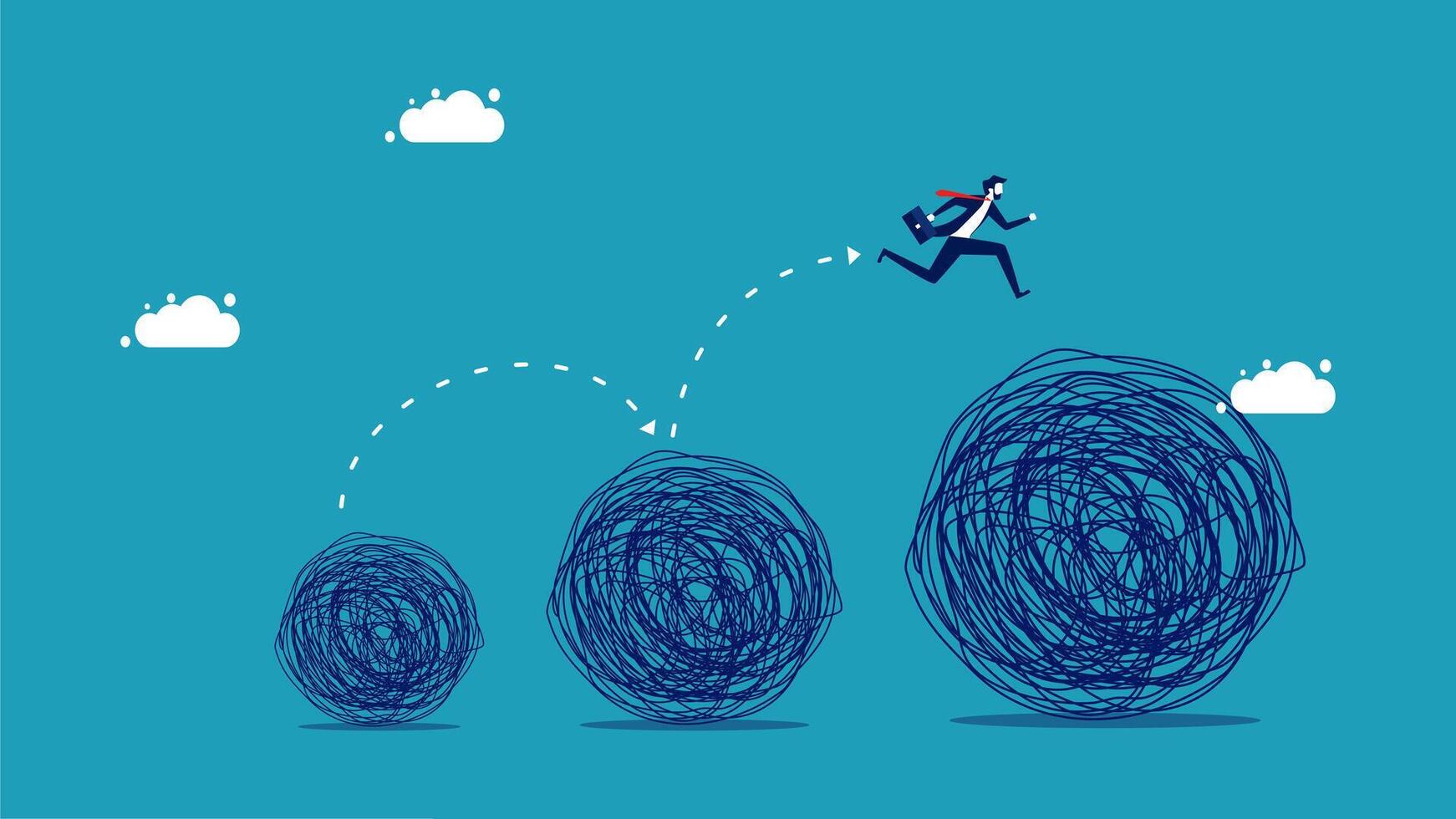 businessman running to the top of a mountain with a bunch of scribbles vector