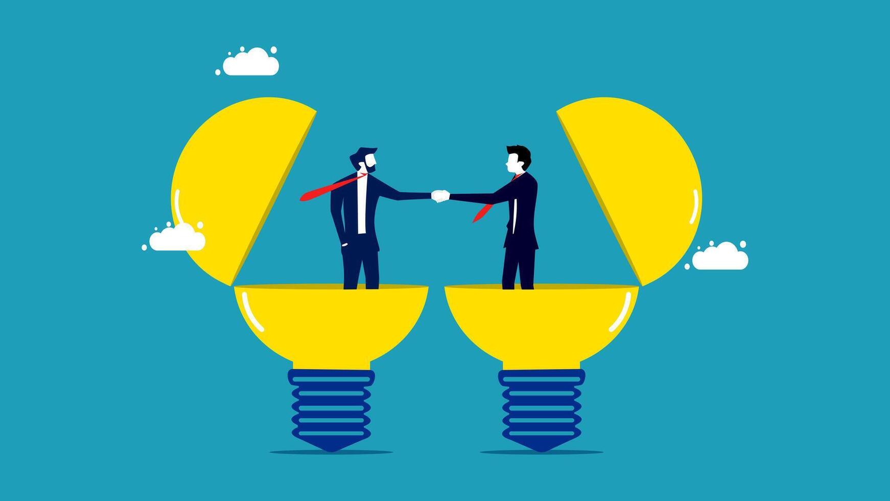 two businessmen shaking hands in a light bulb vector