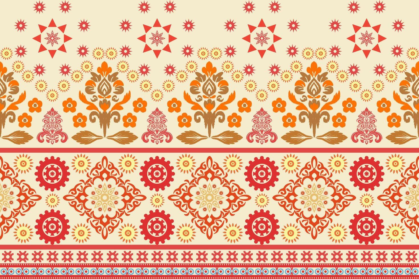 Floral background, geometric oriental seamless pattern, traditional blue, orange, yellow design for background, carpet, wallpaper, clothing, wrapping, batik, fabric, embroidery pattern vector