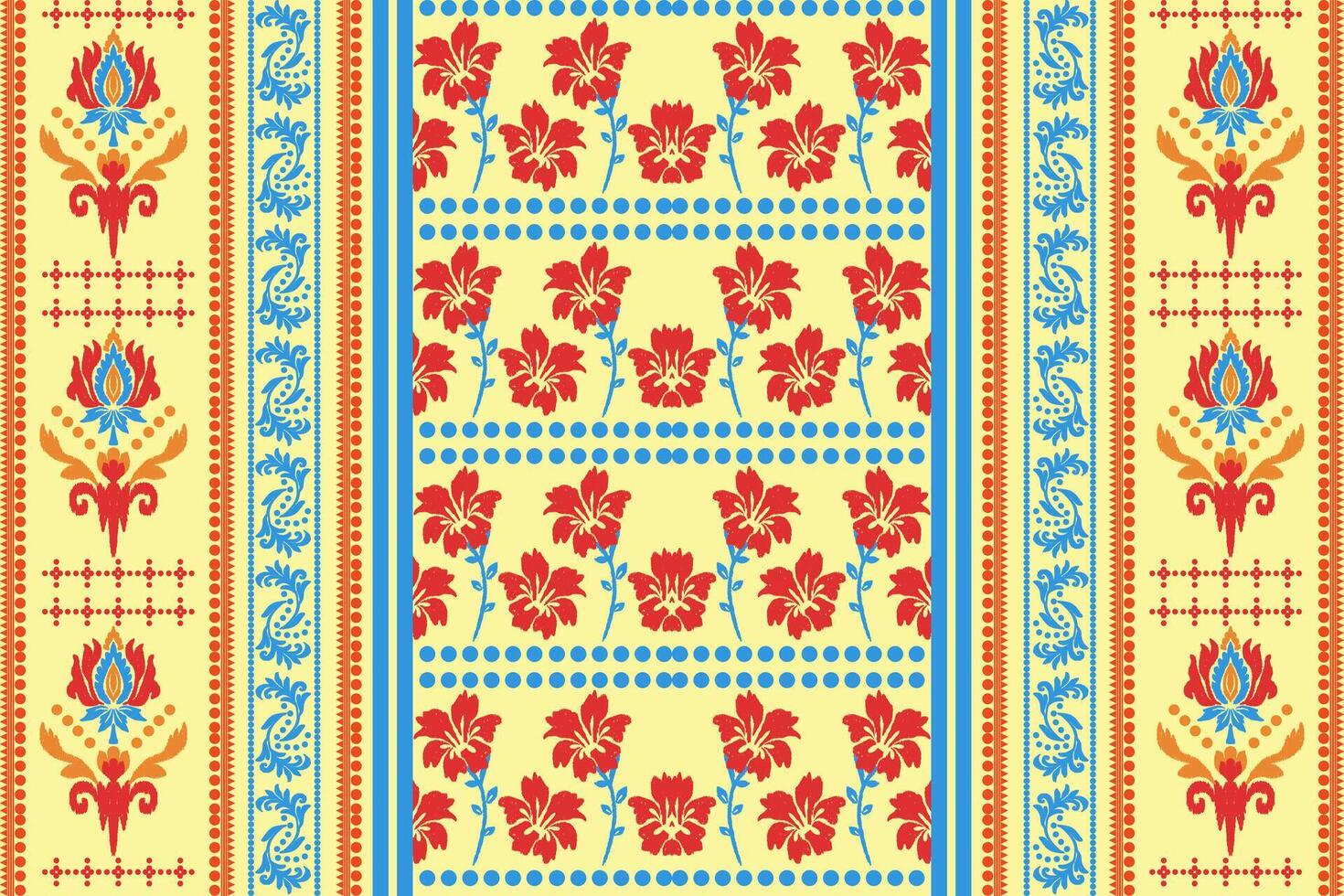 Floral background, geometric oriental seamless pattern, traditional blue, orange, yellow design for background, carpet, wallpaper, clothing, wrapping, batik, fabric, embroidery pattern vector