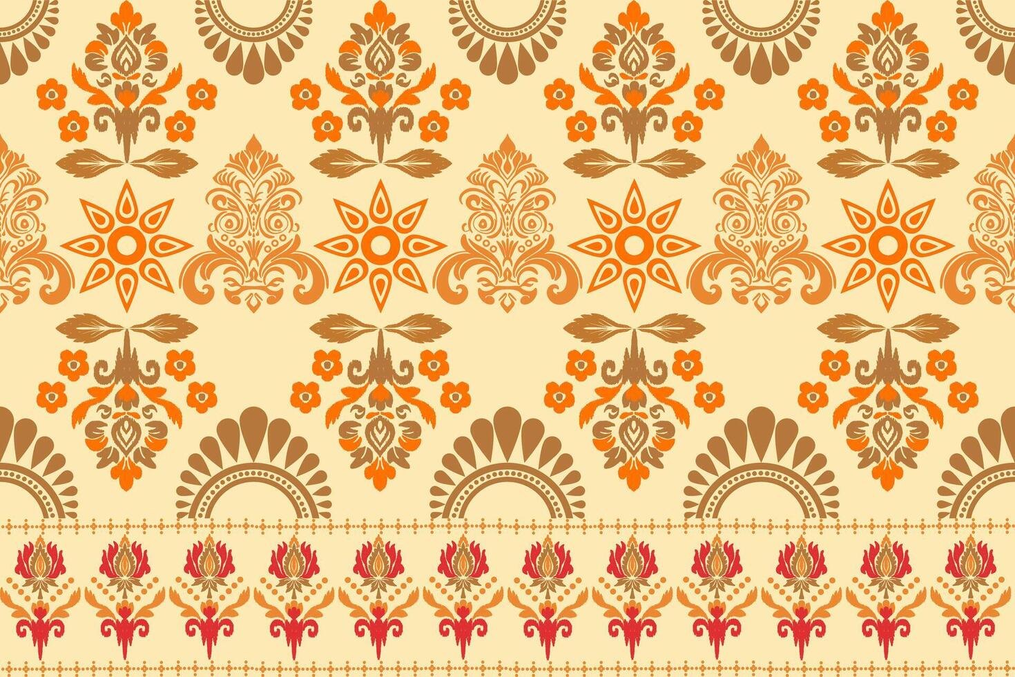 Floral background, geometric oriental seamless pattern, traditional blue, orange, yellow design for background, carpet, wallpaper, clothing, wrapping, batik, fabric, embroidery pattern vector