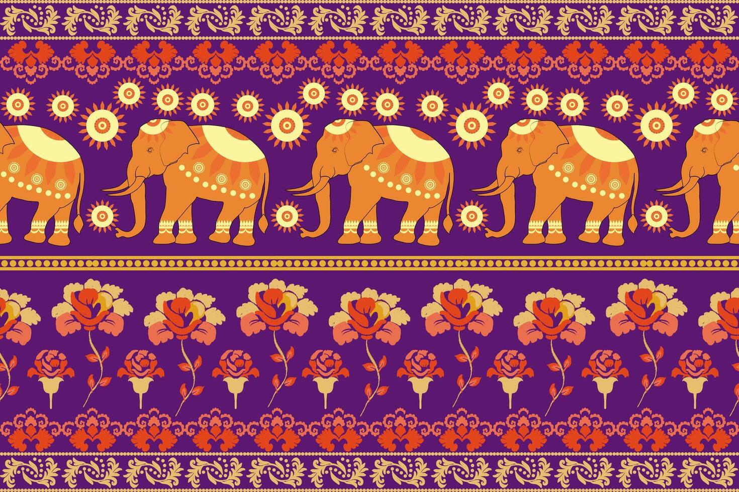 Floral background, geometric oriental seamless pattern, traditional purple, orange, yellow design for background, carpet, wallpaper, clothing, wrapping, batik, fabric, embroidery pattern vector