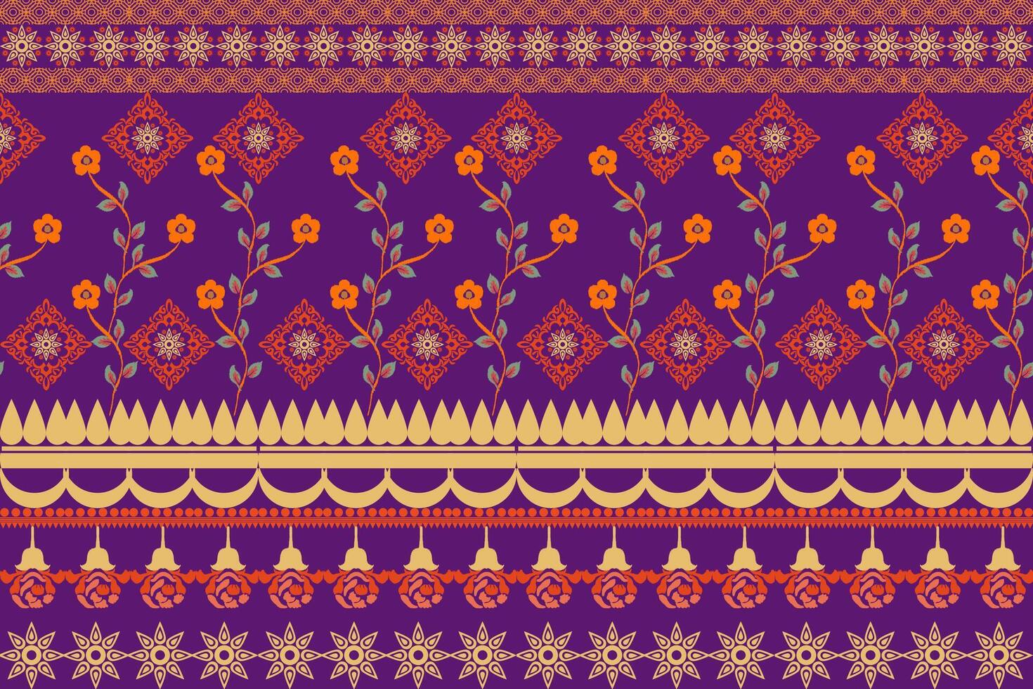 Floral background, geometric oriental seamless pattern, traditional purple, orange, yellow design for background, carpet, wallpaper, clothing, wrapping, batik, fabric, embroidery pattern vector