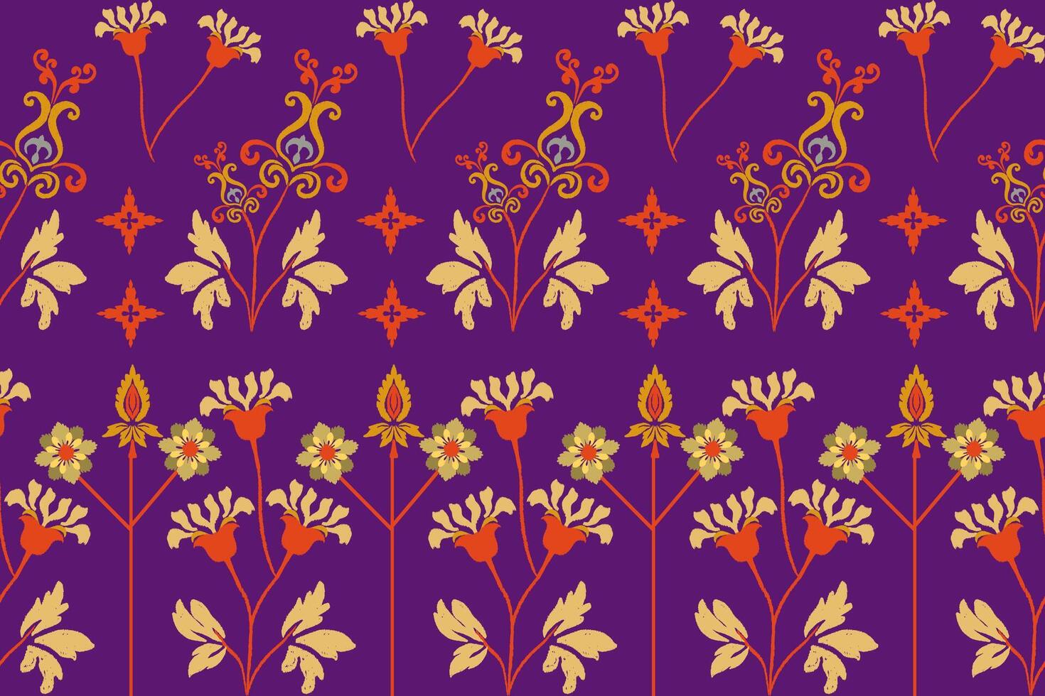 Floral background, geometric oriental seamless pattern, traditional purple, orange, yellow design for background, carpet, wallpaper, clothing, wrapping, batik, fabric, embroidery pattern vector