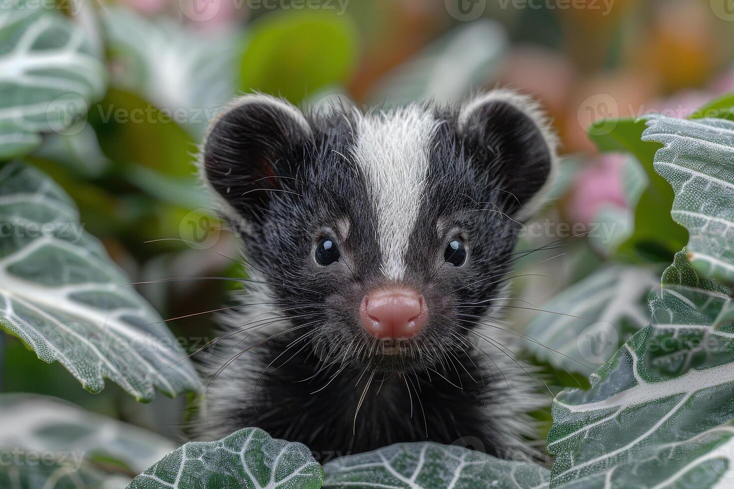 Baby Skunk A small baby skunk, with its distinctive black and white stripes, exploring a garden. photo