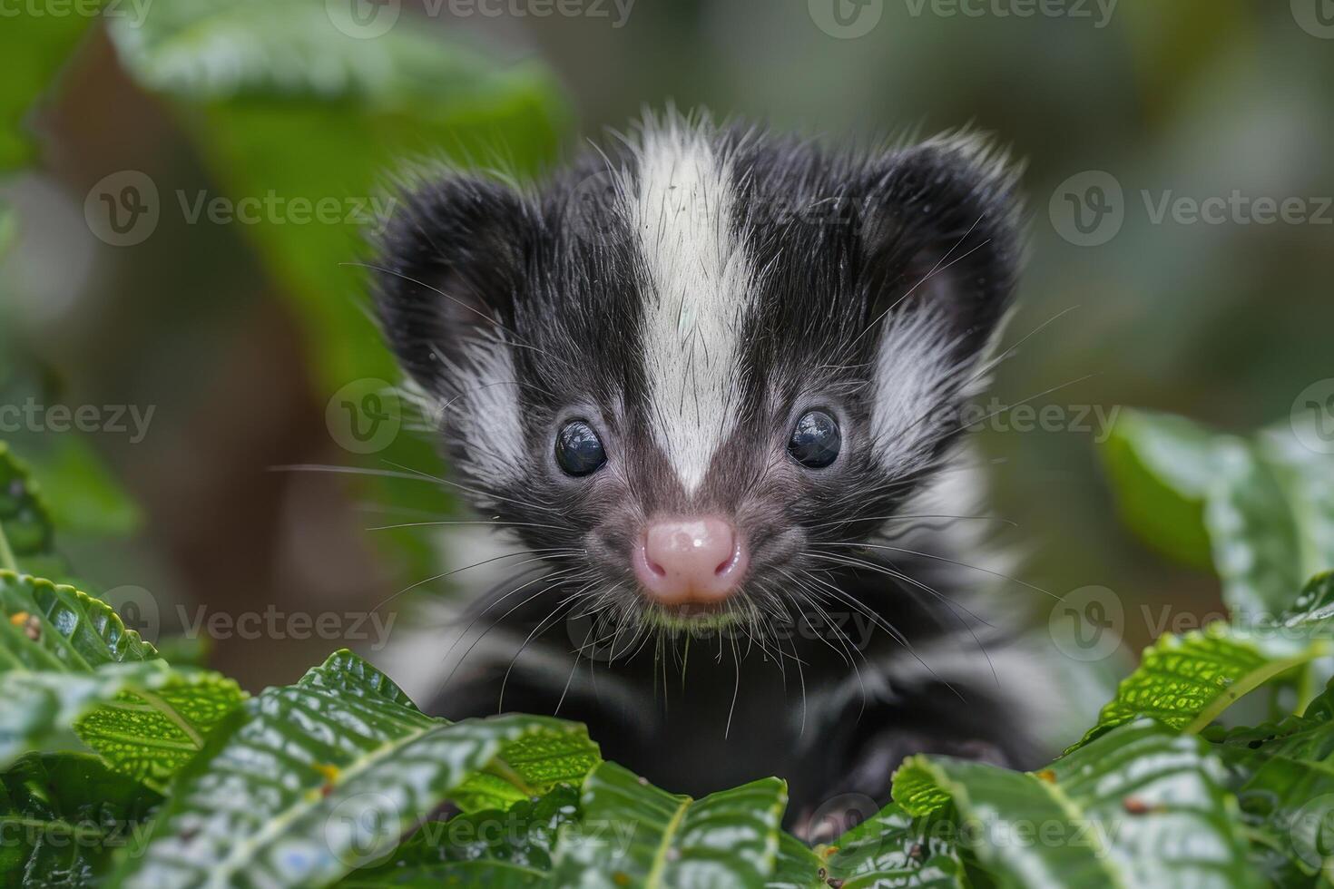 Baby Skunk A small baby skunk, with its distinctive black and white stripes, exploring a garden. photo