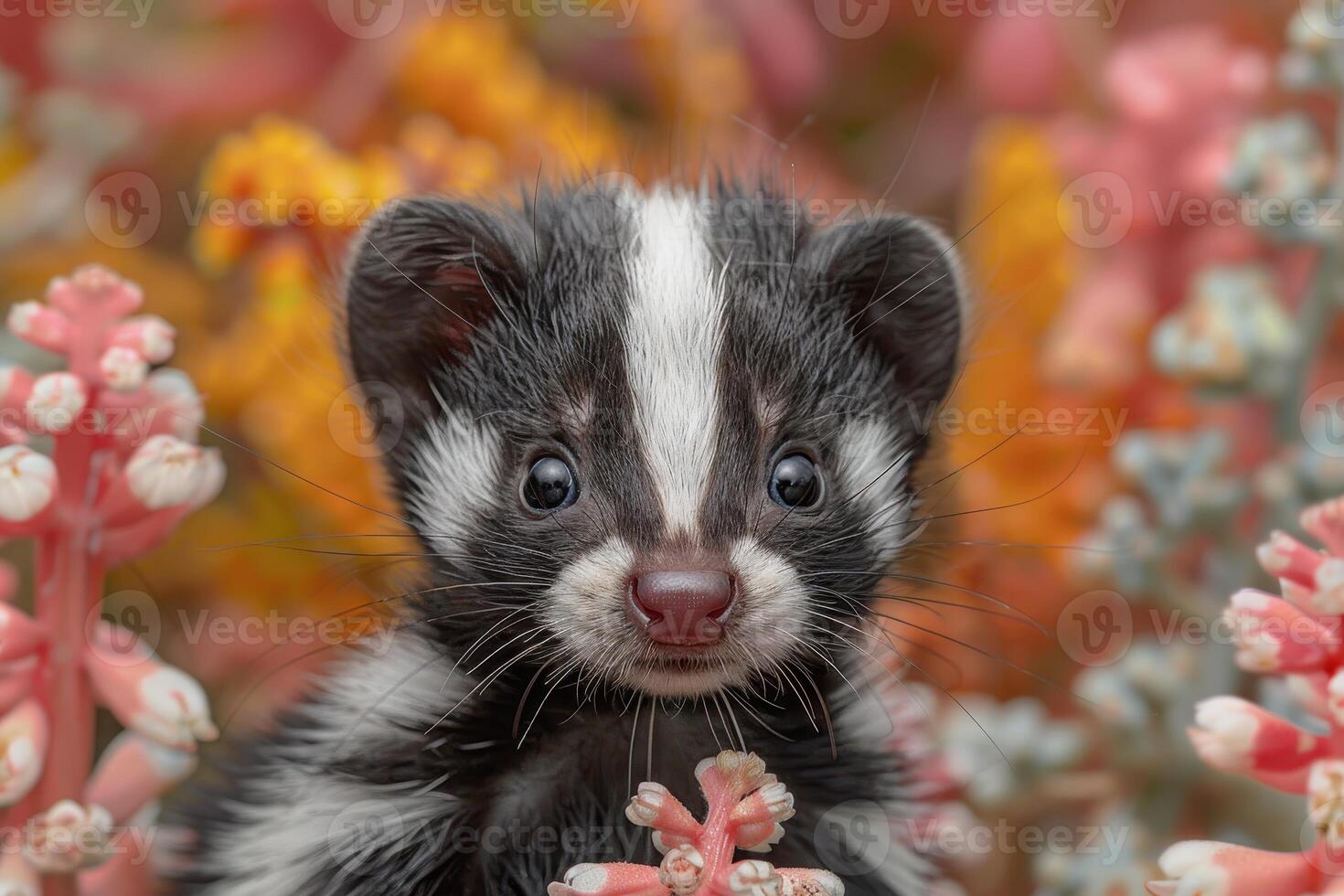 Baby Skunk A small baby skunk, with its distinctive black and white stripes, exploring a garden. photo