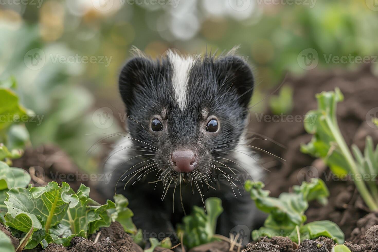 Baby Skunk A small baby skunk, with its distinctive black and white stripes, exploring a garden. photo