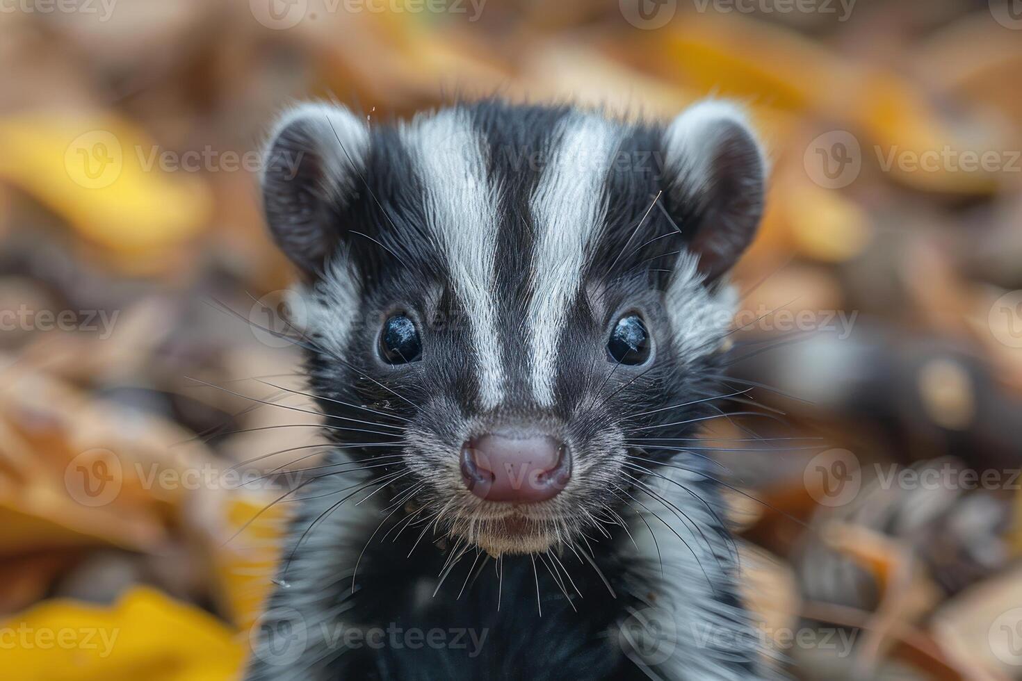 Baby Skunk A small baby skunk, with its distinctive black and white stripes, exploring a garden. photo
