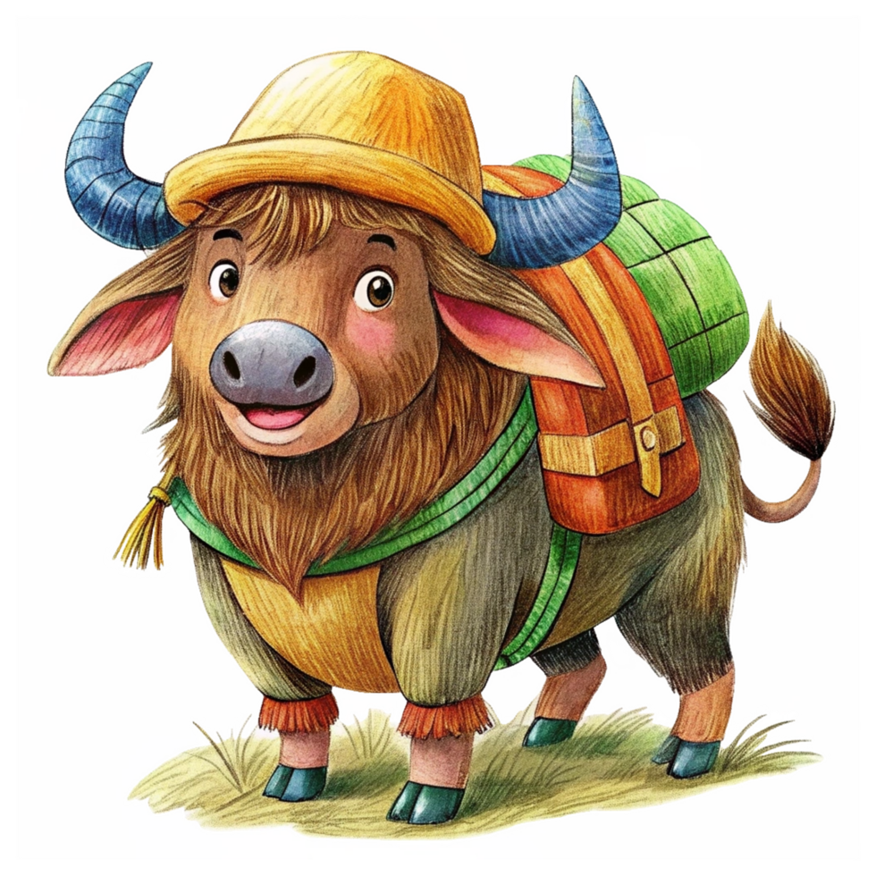 Cute Buffalo wear Backpack and Cap Hand Drawn Graphic png