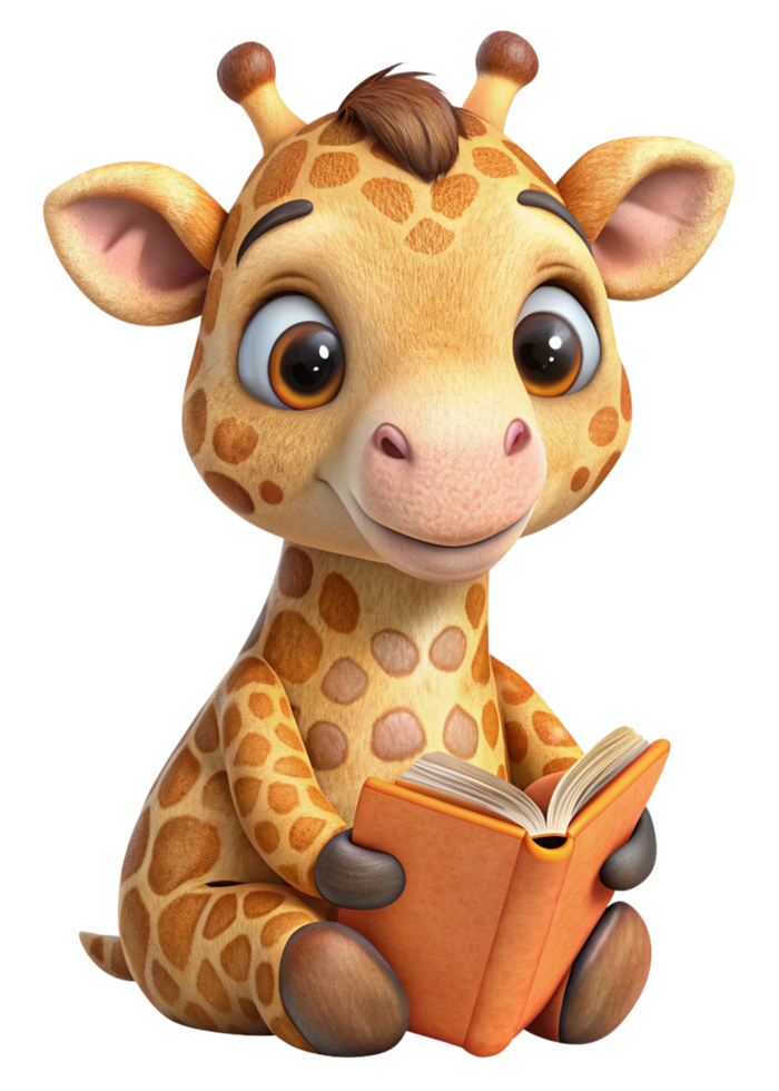 Cute Giraffe Animal Read A Book 3d Character png