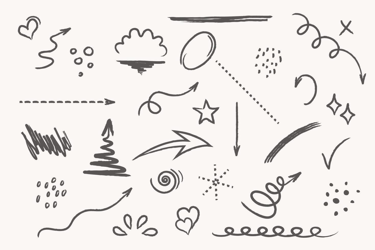 Hand drawn set of arrows, lines, elements. Hand drawn cloud, circle, speech bubble, grunge set of elements. Retro style illustration. vector