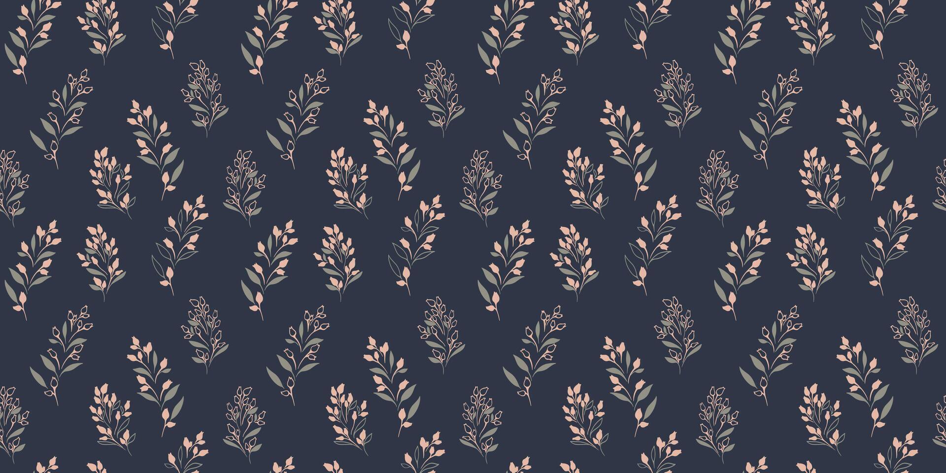 Abstract tiny branches, little flowers buds pattern on a dark background. Creative small floral stems with drops, dots, spots seamless print. hand drawing. Minimalistic ornament for textile vector