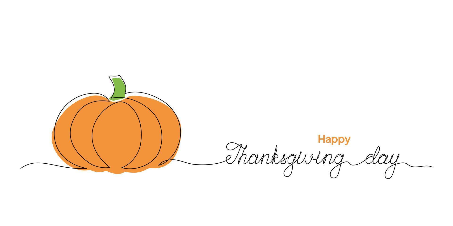 one line drawing of pumpkin and Happy Thanksgiving Day handwritten text vector
