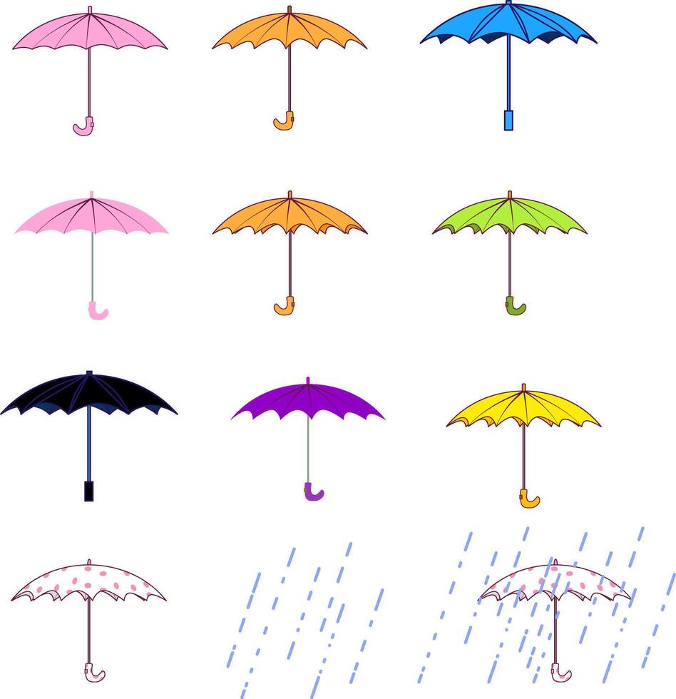 A set of umbrellas of different colors and a little rain. illustration umbrellas side view. umbrellas with outlines of different colors. Autumn set of umbrellas with red spots vector