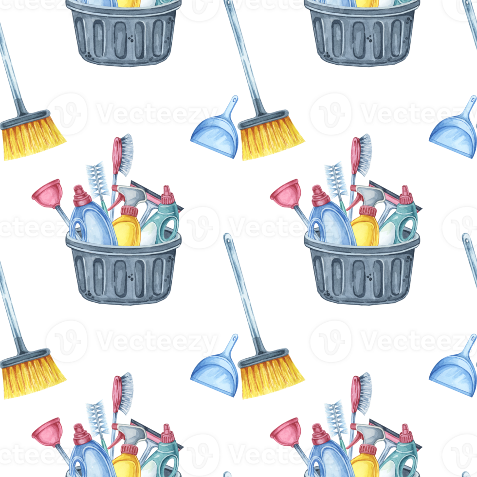 Cleaning tools seamless pattern depicting a broom, dustpan, and bucket with various cleaning supplies. This hand drawn watercolor clipart is ideal for home decor, textile design, and stationery png