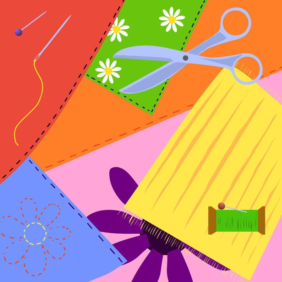 an abstract background made of patches of fabric embroidery and other attributes of needlework sewing and embroidery. warm colors of fabric cuts and several objects. scissors needles and threads for vector