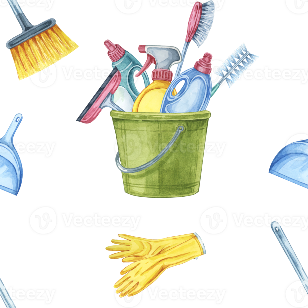 Cleaning tools seamless pattern featuring buckets filled with brushes and sprays, gloves and dustpans. Watercolor clipart for creating cleaning supply labels, home care blogs, or promotional materials png