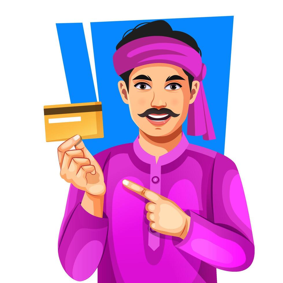 Happy Indian rural man showing debit or credit card vector