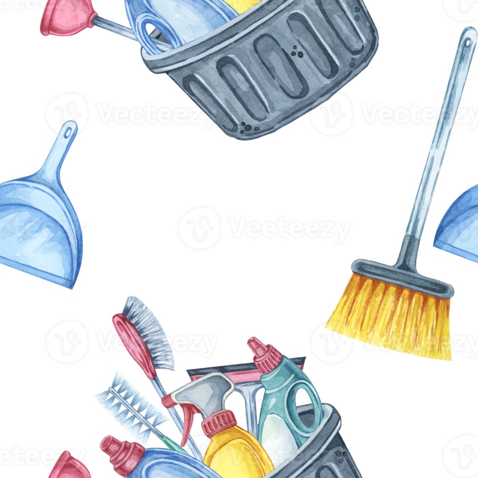 Cleaning tools seamless pattern presenting a broom, dustpan, and bucket with assorted utensils and detergents. Watercolor clipart is suitable for textiles, digital scrapbooking, and product packaging png