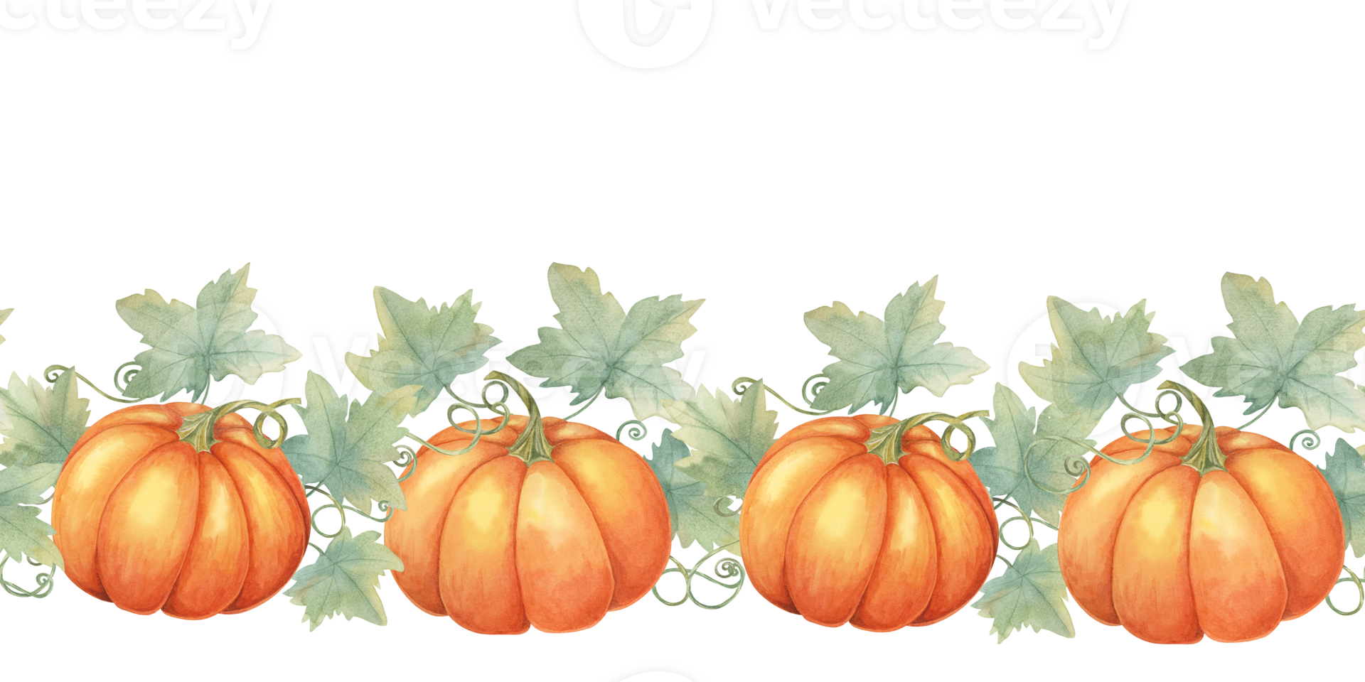 Pumpkin seamless border clipart features vibrant orange pumpkins with green leaves in a watercolor , perfect for autumn-themed designs. Ideal for invitations, seasonal decor, and packaging png