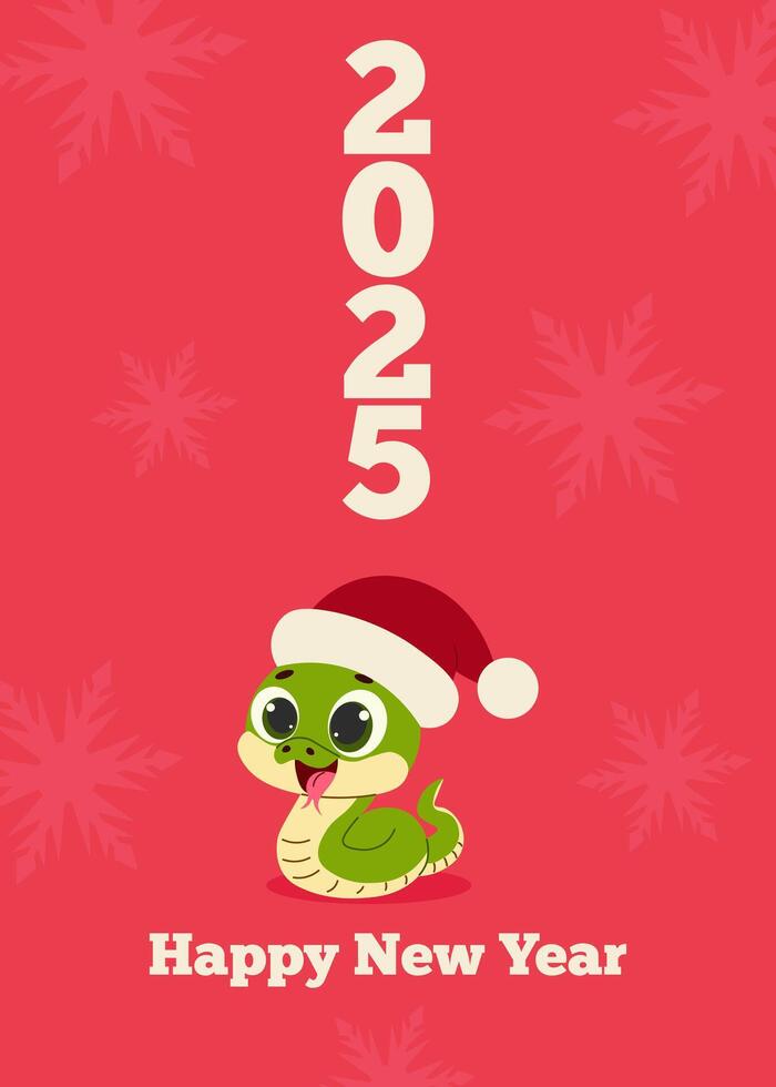 2025 Happy New Year card with cute snake in Santa hat on red snowflake background. Happy Chinese new year. Year of snake. card vector