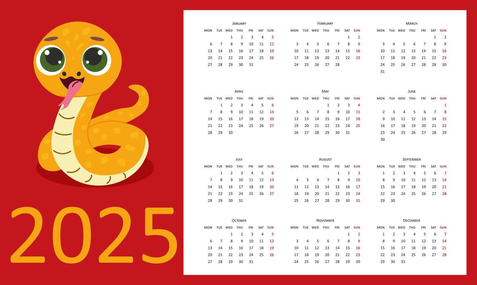 template Calendar 2025 new year. Week starts on Monday. Year of Snake. illustration. vector