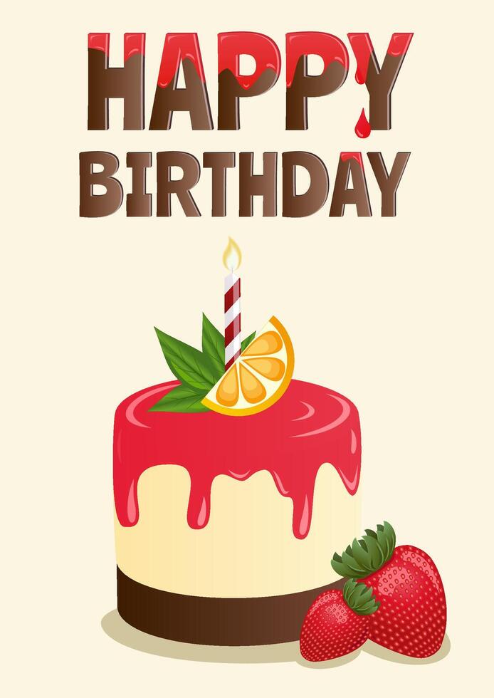 Colorful Happy Birthday poster design with strawberry cheesecake. Greeting card, design template for birthday celebration. vector