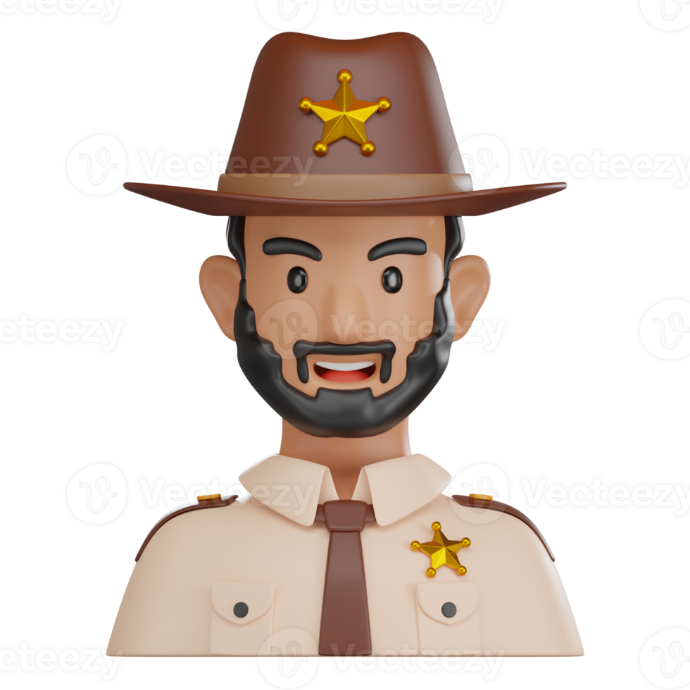 3D Render of Sheriff Avatar with Badge and Cowboy Hat png