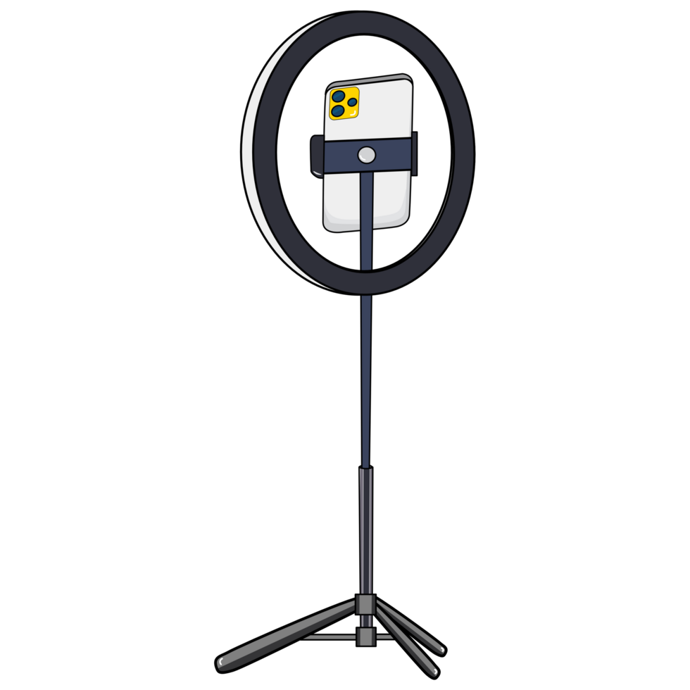 Tripod with ring light and smartphone. cartoon png