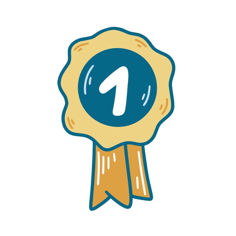 Hand drawn gold medal icon with ribbon and number one vector