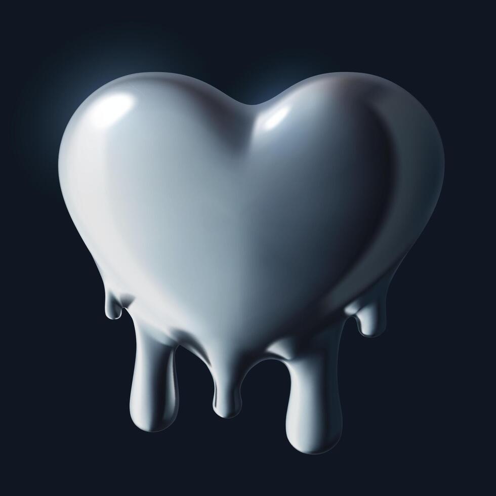 Metal melting heart y2k 3d element on dark background dripping chrome love sticker vector