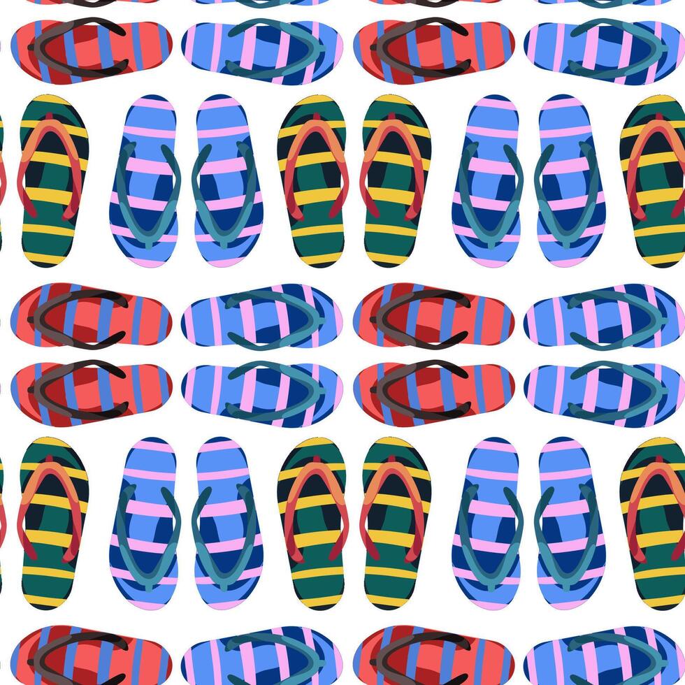 Seamless pattern with flip flops. Colored slippers with different ornaments on white background. Beach sandals. flat illustration vector