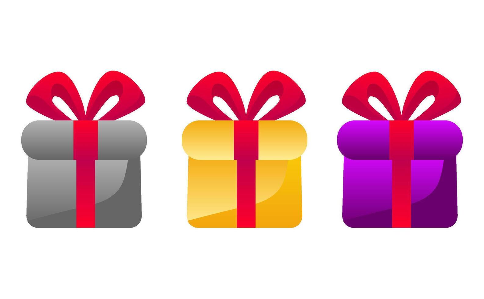 Game ui icons of gift boxes. Present packages, purple wrap with gold ribbon and bow for level rewards, prize, bonus or surprise, cartoon set. vector