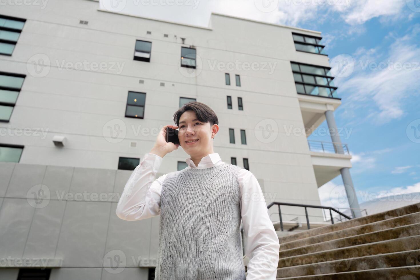 Young Professional Man Talking on Smartphone Outside Modern Office Building on a Sunny Day photo