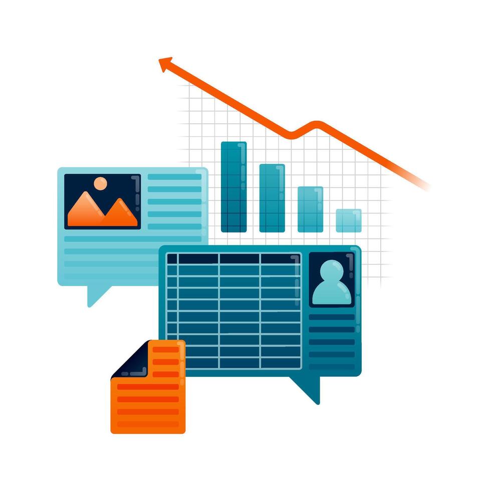 Business illustration of comment opinions and feedback on company sales spreadsheet reports. Can be used for landing pages, websites, mobile apps, posters, flyers vector