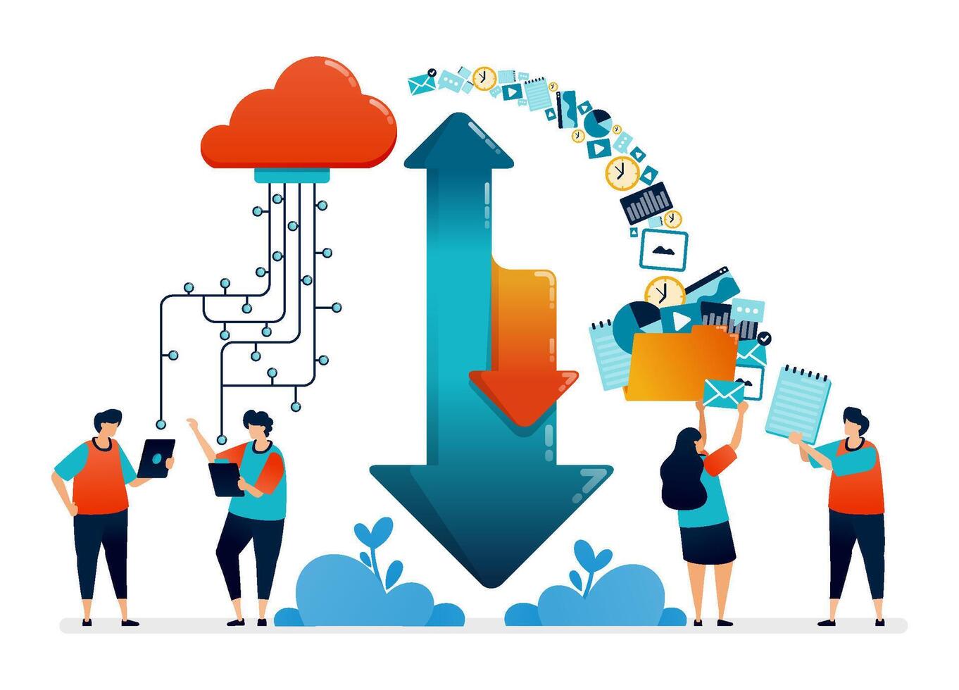 diseño de nube datos centrar ilustración. descargar y subir acceso sistema en nube base de datos para usuarios, Hospedadores, servidores vector