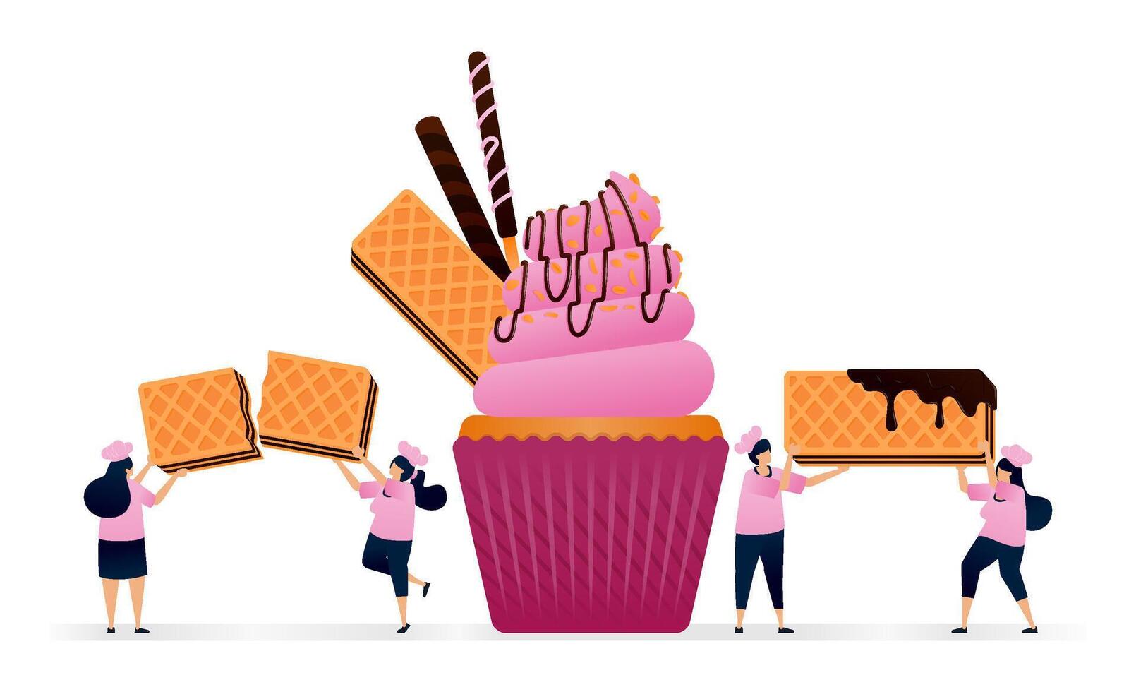 Pastry chef makes cupcakes with pink icing, chocolate source, sprinkles nuts and chocolate wafers. Illustrations can be used for pastry stores, restaurant flyers, birthday banners vector