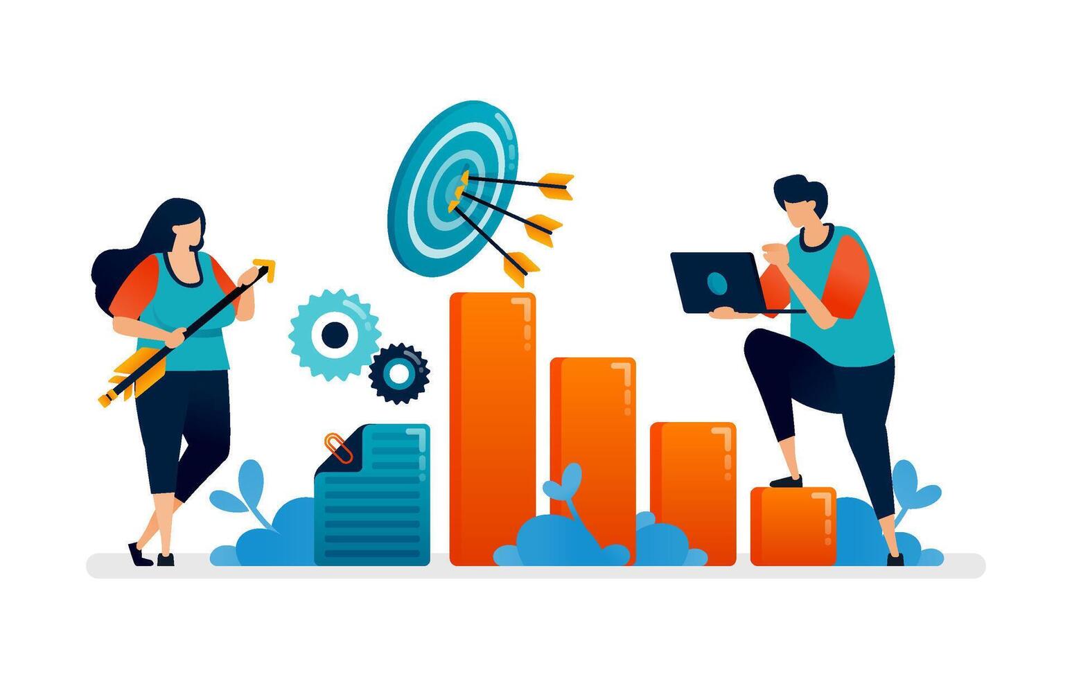 Business illustration of rising chart and arrow hit dartboard for metaphor of targeted achievement. Can be used for banner of banking, financial firm, office, investment institution vector