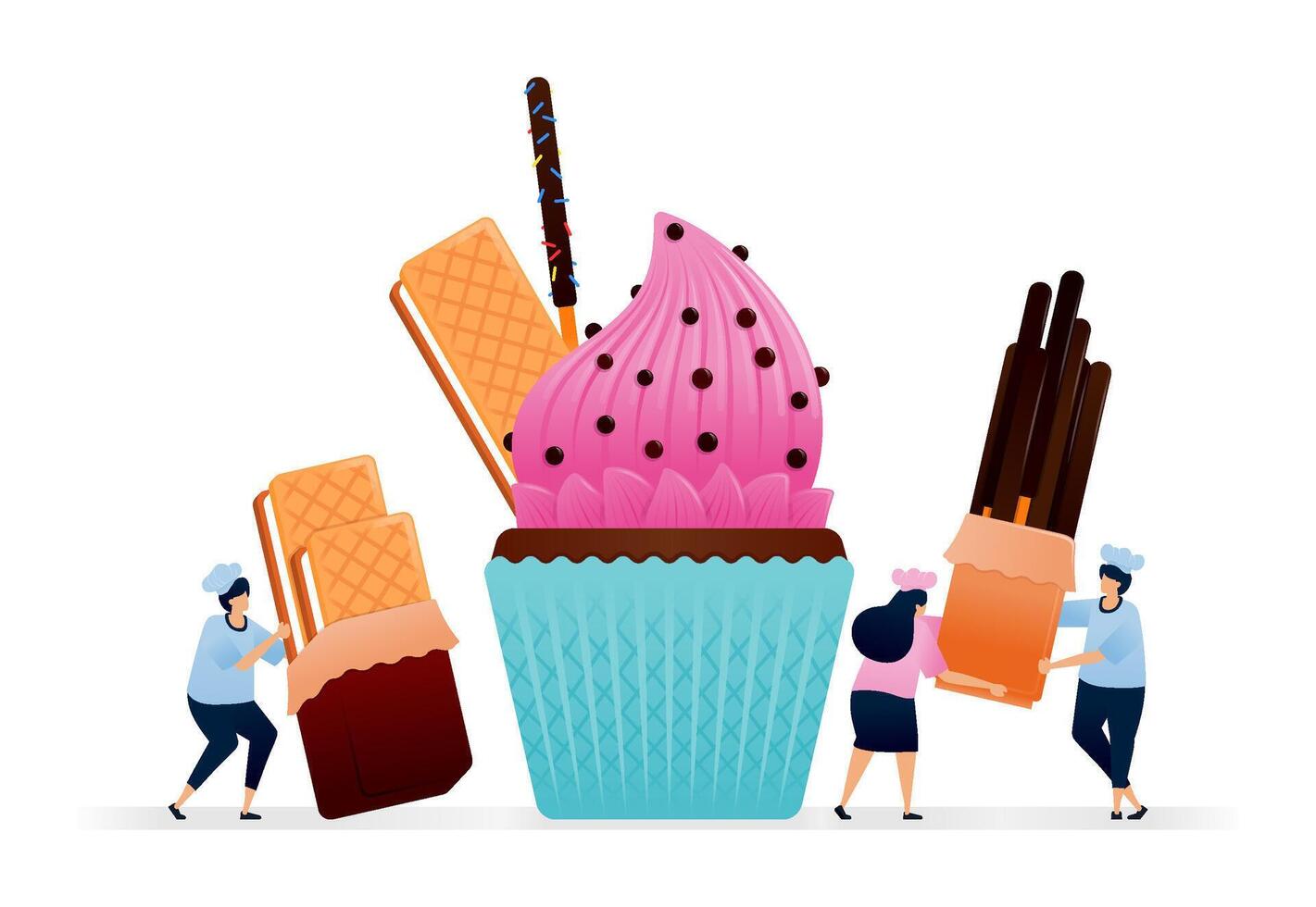 Chef makes muffins with top of vanilla cream sandwich biscuits and biscuit sticks coated chocolate. Illustrations suitable for print, newspaper, cover, magazine, flyer, brochure vector