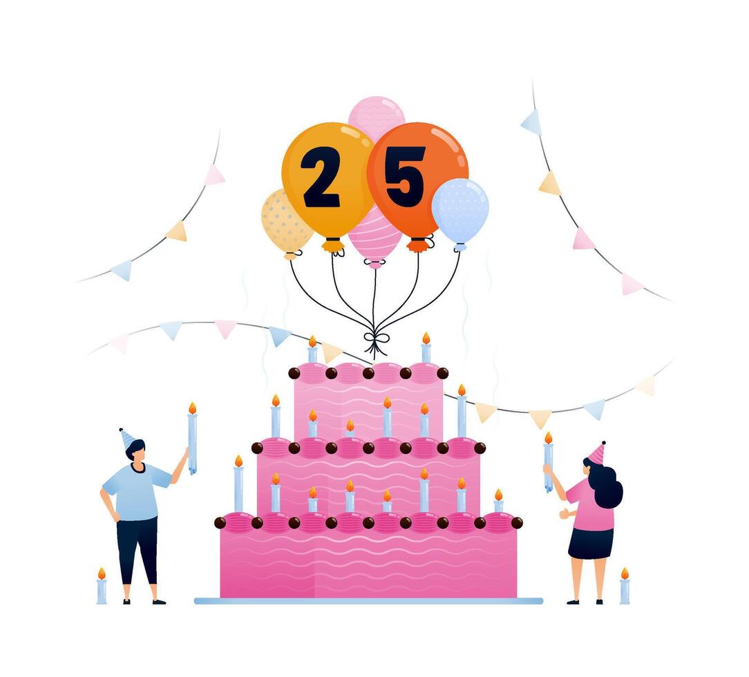 People bring candles at 25th birthday parties with big baloons and candles on cake decorations. Illustrations can be used for invitations, templates, greetings, weddings, covers, flyers, postcards vector