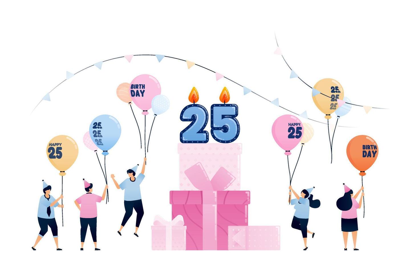 People floated away in balloons at a 25th birthday party with big gift boxes and birthday candles. Illustrations can be used for invitations, cards, templates, greetings, covers, flyers, postcards vector