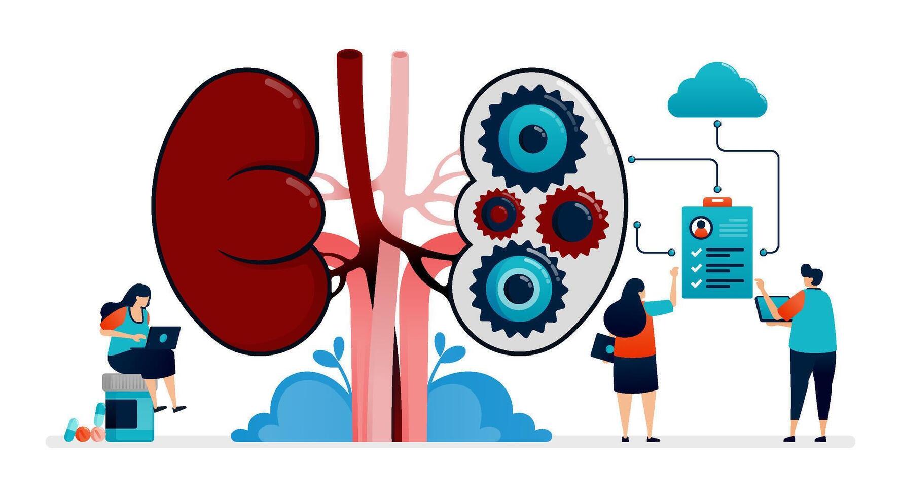 illustration design for kidney disease and treatment. Storage of internal organ and kidney health data in the cloud vector