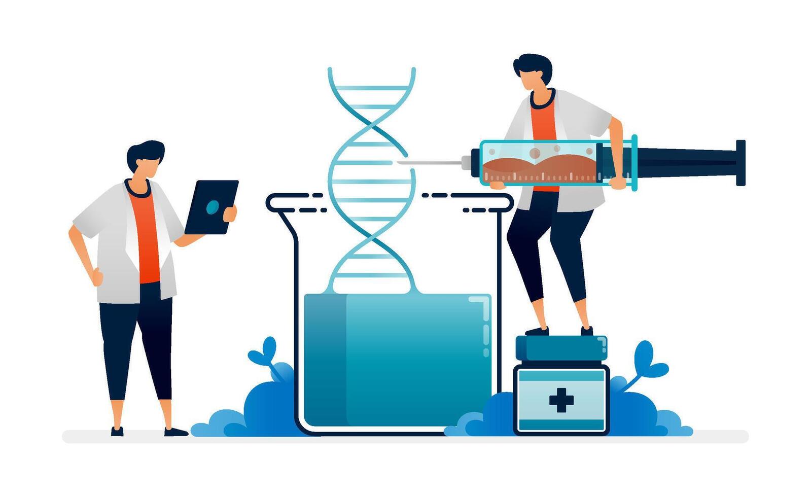 Pharmacy illustration of doctors and pharmacists inject dna to make genetic based medicines. Can be used for covers, banners, ads flyers, posters for hospitals and clinics vector
